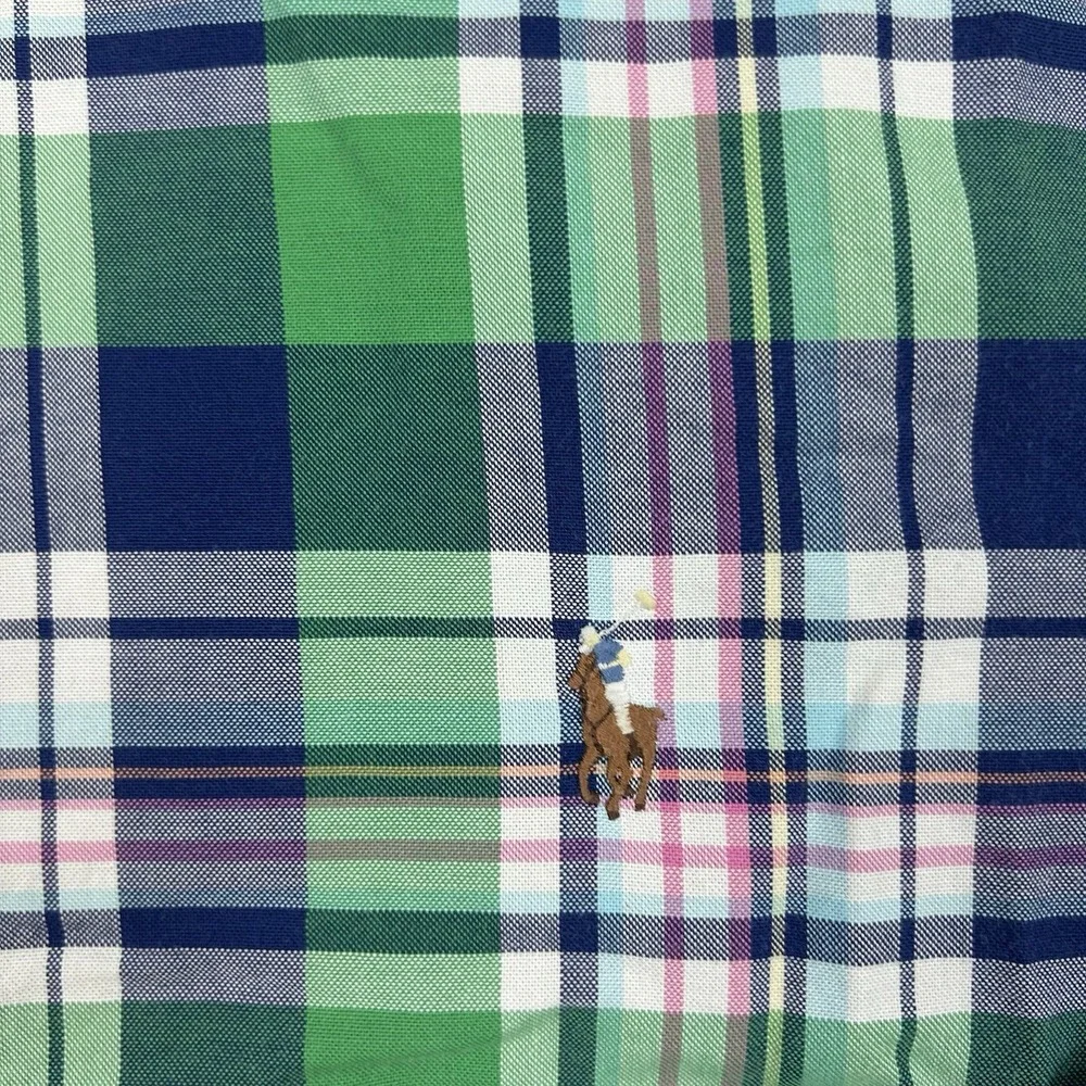 Polo Ralph Lauren XL Stretch Oxford Plaid Slim Fit Pony Colorful Blue Green Prep